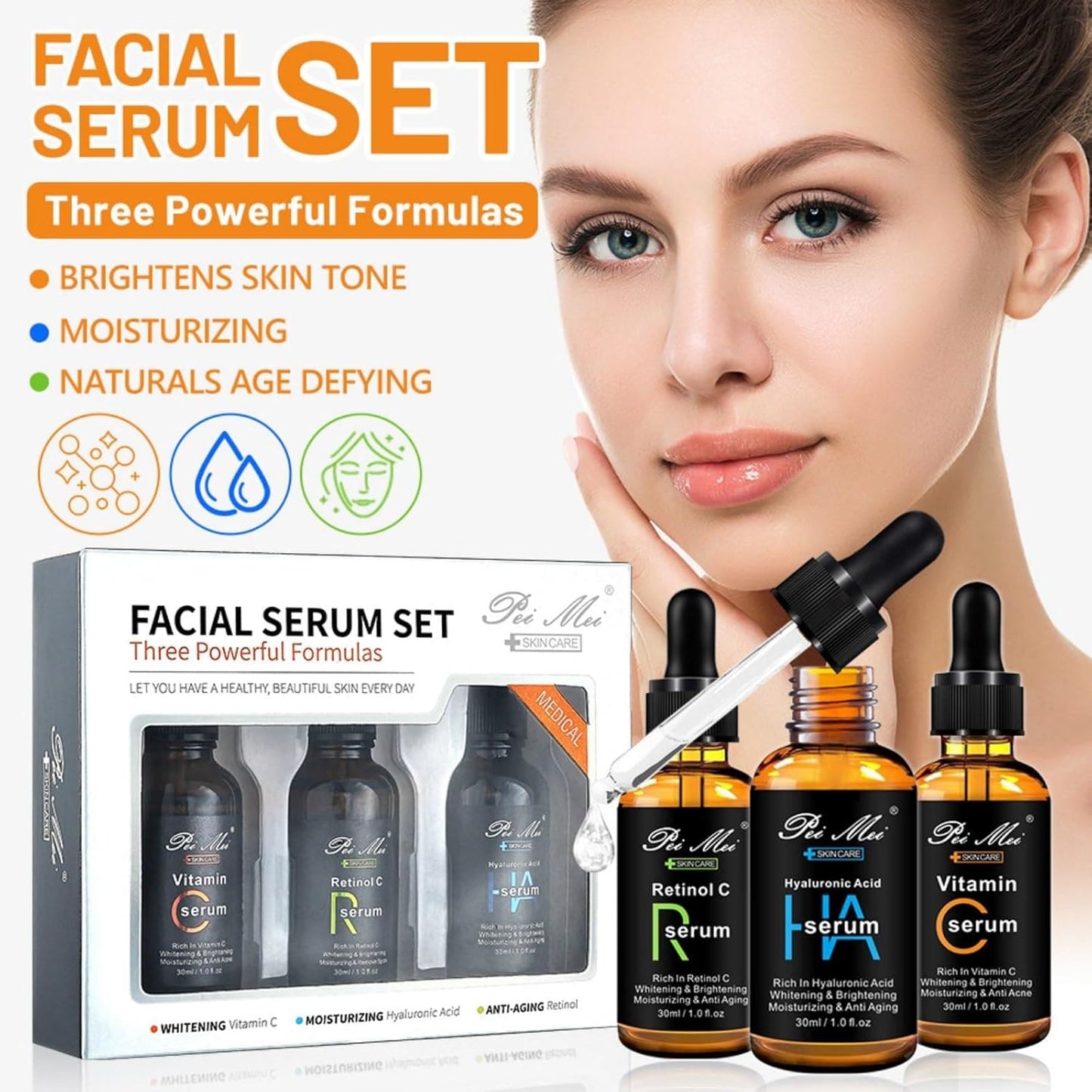 Set de Serums Faciales x 3 (Vitamina C - Ácido Hialurónico - Retinol)